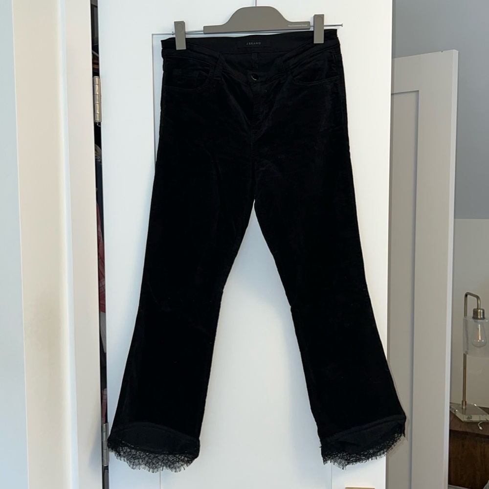 J Brand Cropped Black velvet flare jean with lace detail at hem.